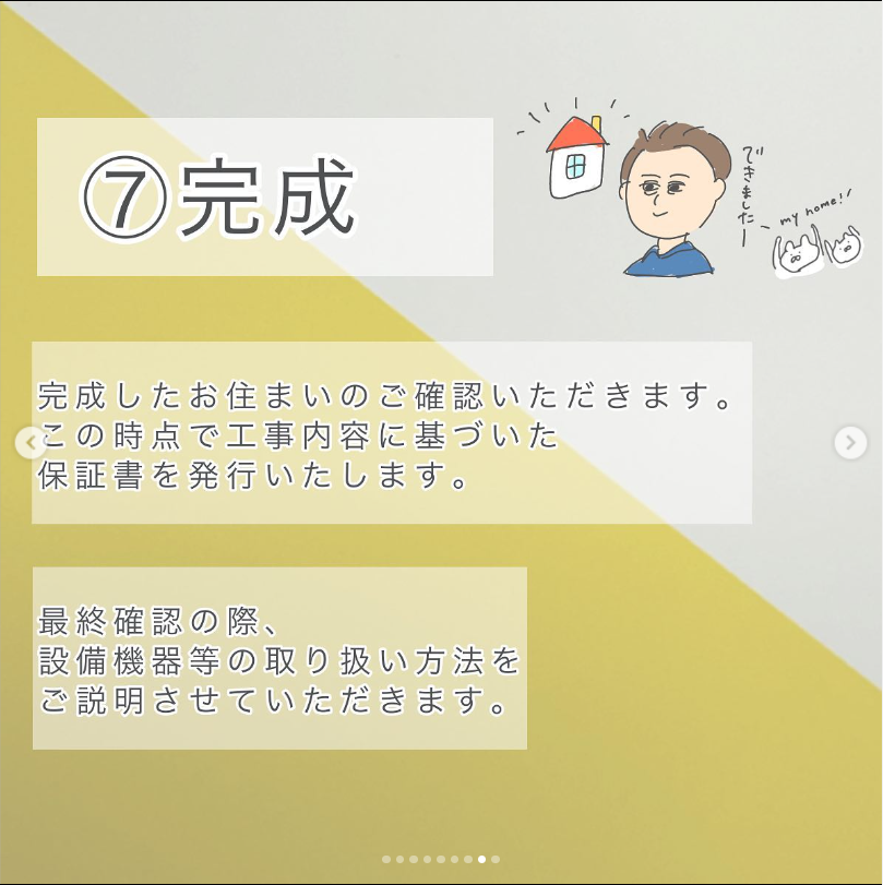 完成したお住まいのご確認を頂きます。この時点で工事内容に基づいた保証書を発行いたします。 最終確認の際、設備機器等の取り扱い方法をご説明させていただきます。
