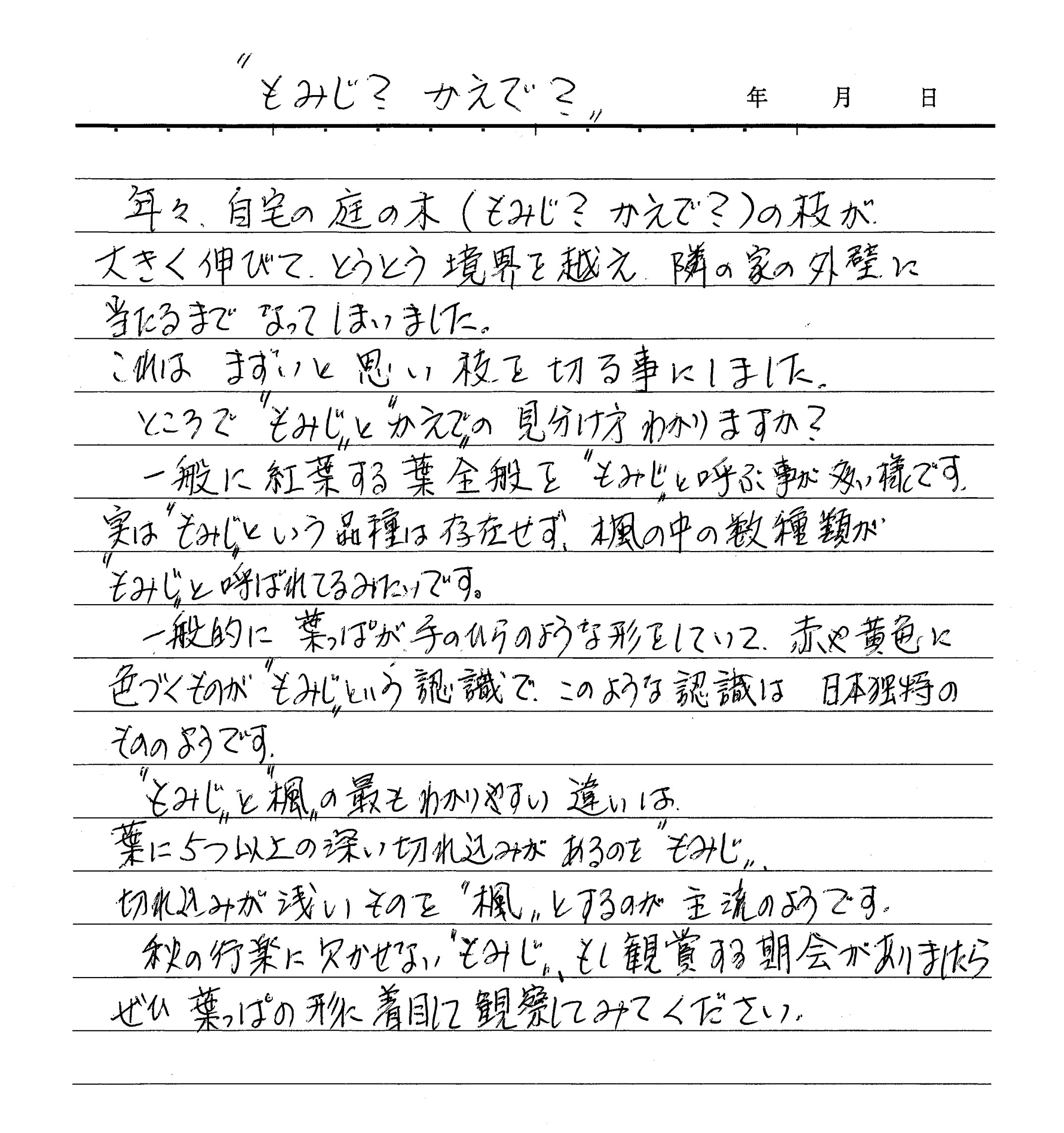 もみじ？かえで？ 年々、自宅の庭の木（もみじ？かえで？）の枝が大きく伸びて、とうとう境界を越えて隣の家の外壁に当たるまでなってしまいました。 これはまずいと思い枝を切ることにしました。 ところで”もみじ”と”かえで”の見分け方わかりますが？ 一般に紅葉する葉全般を”もみじ”と呼ぶ事が多い様です。実は”もみじ”という品種は存在せず、楓の中の数種類が”もみじ”と呼ばれているみたいです。 一般的に葉っぱが手のひらのような形をしていて、赤や黄色に色づくものが”もみじ”という認識で、このような認識は日本独特のもののようです。 ”もみじ”と”楓”の最もわかりやすい違いは 葉に5つ以上の深い切り込みがあるものを”もみじ” 切れ込みが浅いものを”楓”とするのが主流のようです。秋の行楽に欠かせない”もみじ”もし鑑賞する期会がありましたらぜひ葉っぱの形に着目して観察してみてください。